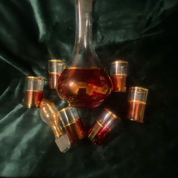 Vintage Elegant Cranberry Flash Gold Band Decanter Set 6 Cordials. Bohemia? - Picture 4 of 7